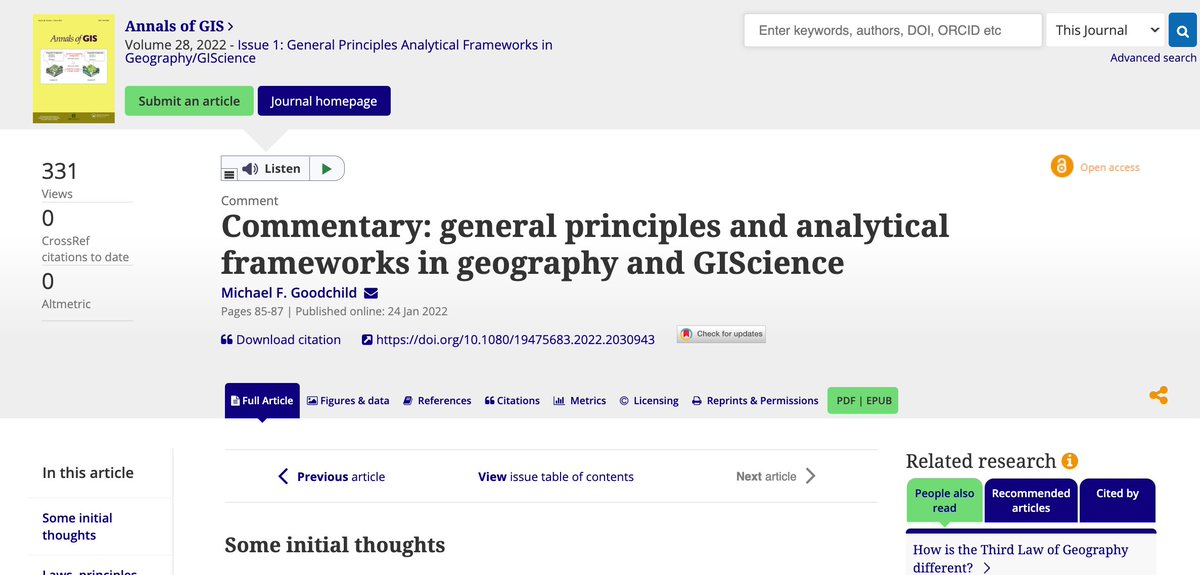 Annals_GIS's tweet image. @Annals_GIS open access: Goodchild, M. F. (2022). Commentary: general principles and analytical frameworks in geography and GIScience. Annals of GIS, 28(1), 85-87. doi.org/10.1080/194756…