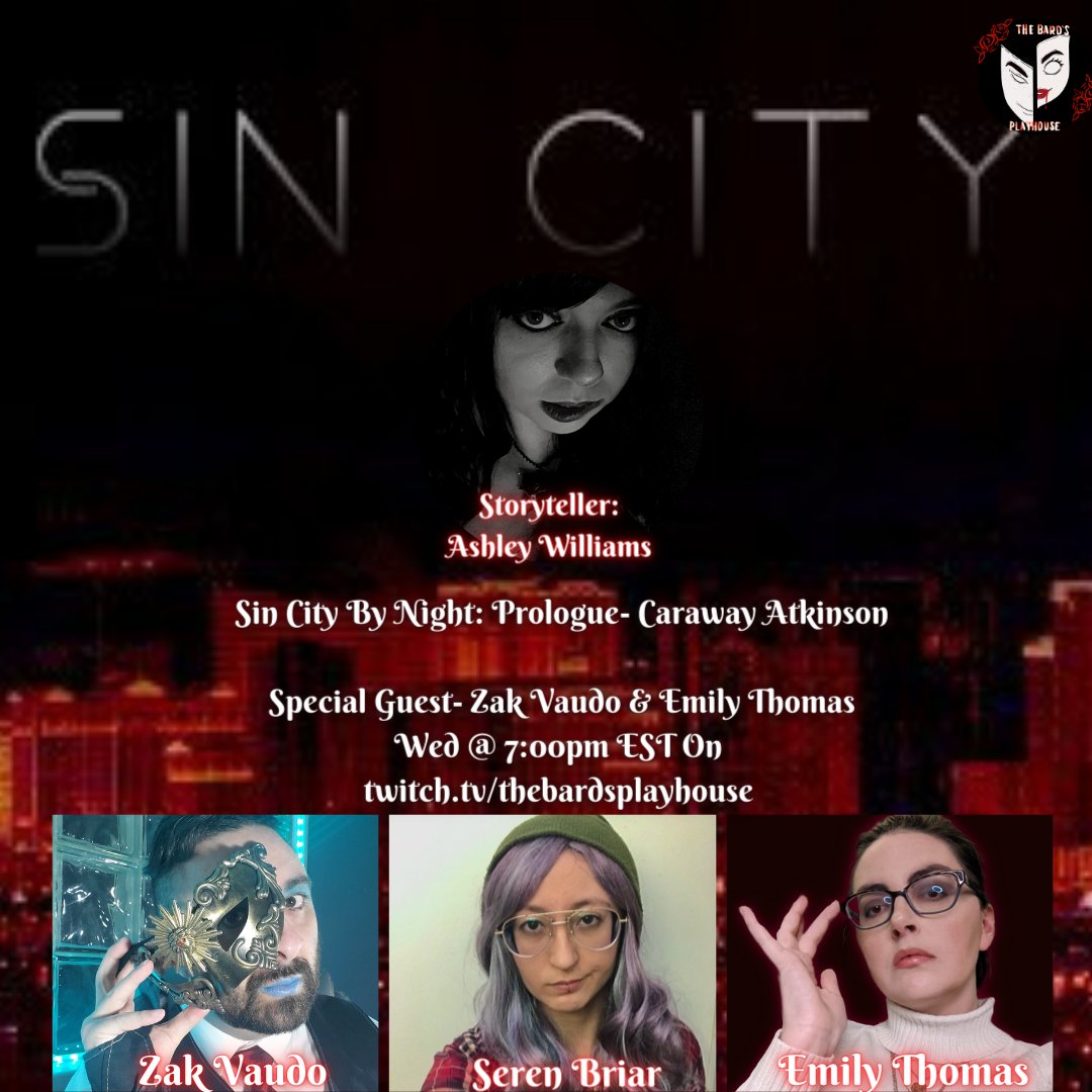 BardsPlayhouse's tweet photo. #Vamily join us Wednesday @ 7:00pm EST for prologue 2 of our #V5 Actual Play series: Sin City By Night. Meet Caraway Atkinson, definitely not your run of the mill Tremere. 
Featuring our Tremere and Hecata Primogen Delilah and Raven https://t.co/hTHck9mXrY