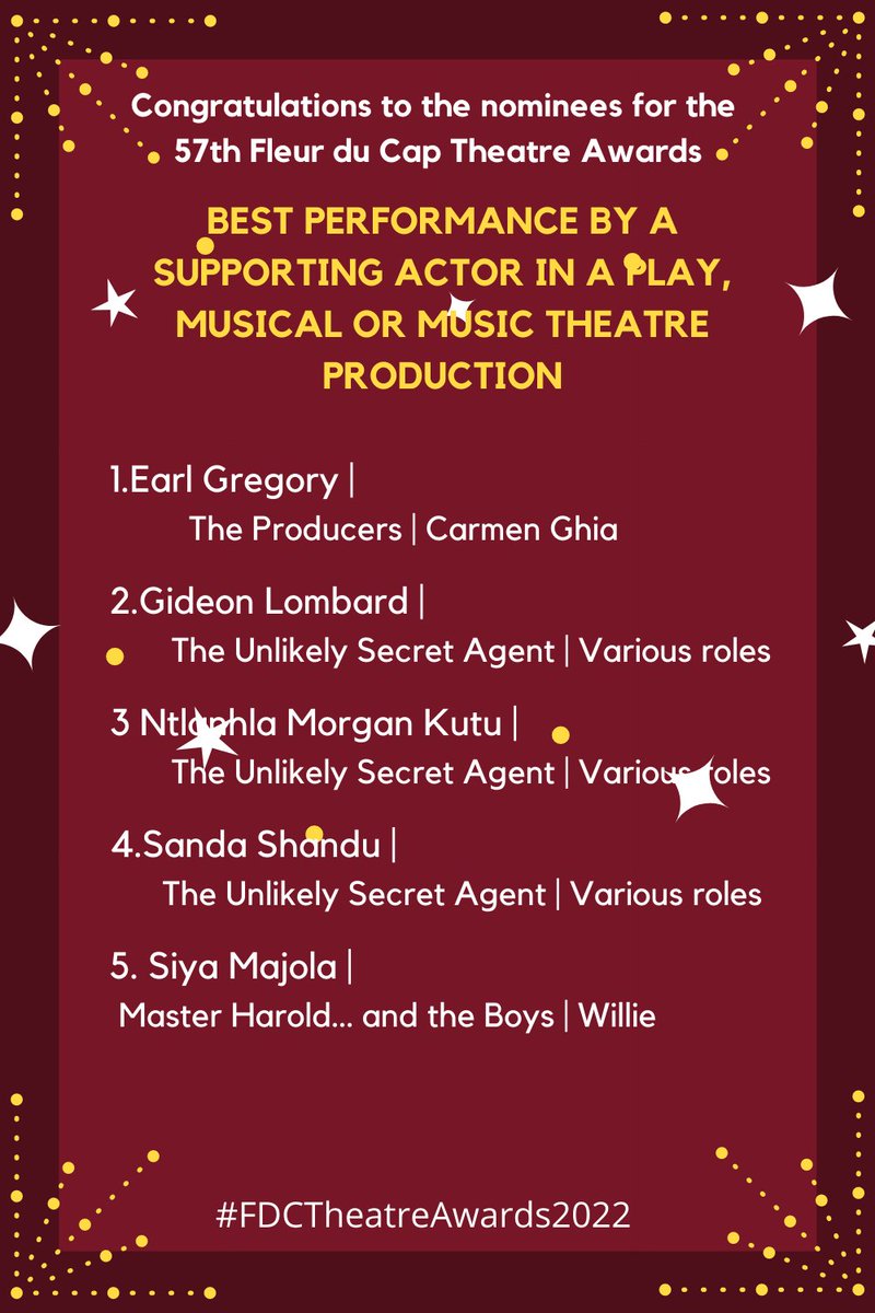 CTTheatreAwards's tweet photo. The nominees for the 57th Fleur du Cap Theatre Awards have been announced.
 Winners will be announced on #WorldTheatreDay
Brought to you by @DistellGroup
 #FDCTheatreAwards2022.
BEST PERFORMANCE BY A SUPPORTING ACTOR IN A PLAY, MUSICAL OR MUSIC THEATRE PRODUCTION nominees https://t.co/J2G1Yak3nS
