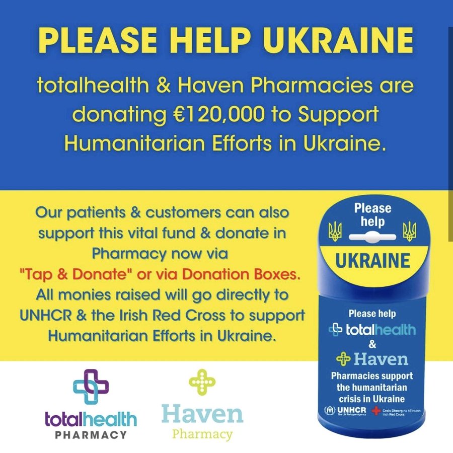 IrishPharmacy's tweet photo. Well done to @totalhealthIRL and @HavenIrl for their generosity in supporting humanitarian efforts in #Ukraine through @UNHCRIreland and @irishredcross

https://t.co/7AMuDEOJoR https://t.co/atjQOC6U8Q