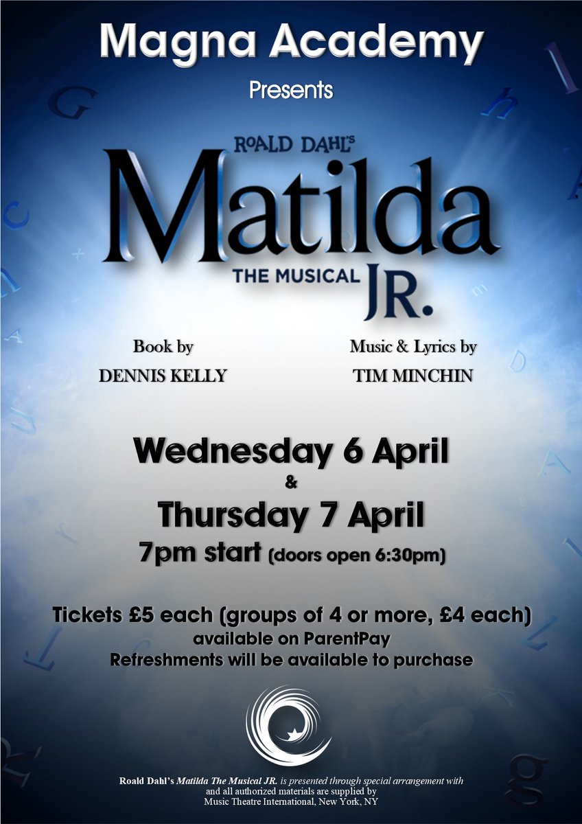 🤩MATILDA JR TICKETS ON SALE NOW THROUGH PARENT PAY! 🤩

📅Dates:
Wednesday 6th April 2022
Thursday 7th April 2022

⏰Time:
Show start - 7pm
Doors open 6:30pm

🎭Tickets:
£5 each
Group bookings of 4 or more £4 each

🥤Refreshments available on the night!🥤