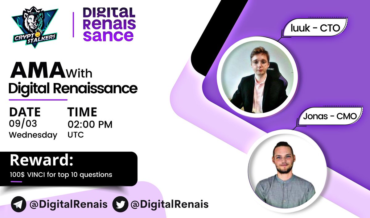 Zain_Onchain's tweet photo. 📢 We're thrilled to announce our next #AMA with @DigitalRenais on 9th March at 2:00 PM UTC

💰 Reward Pool: 100$
📍 Venue: https://t.co/i30P1fX6MO
〽️ Rules:
✅ Follow @StalkersCrypto &amp; @DigitalRenais 
✅ Like &amp; Retweet
✅ Comment Questions &amp; Tag 3 Friends with BEP20 address https://t.co/nBdBAsi4pA