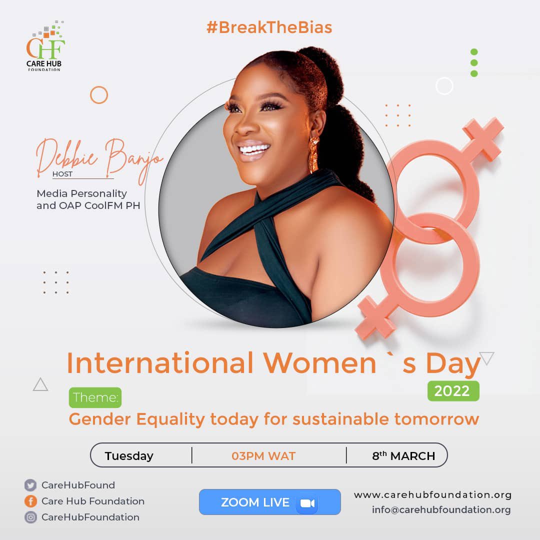 <a href="/CareHubFound/">CareHubFoundation</a> Celebrates International Women's Day 2022 and i’m so excited to be a part of it!💃🏽🙏

Theme: “GENDER EQUALITY TODAY FOR A SUSTAINABLE TOMORROW”.

All over the World,🌍 there is the need to Break The Bias against women and it’s urgent! Join in!