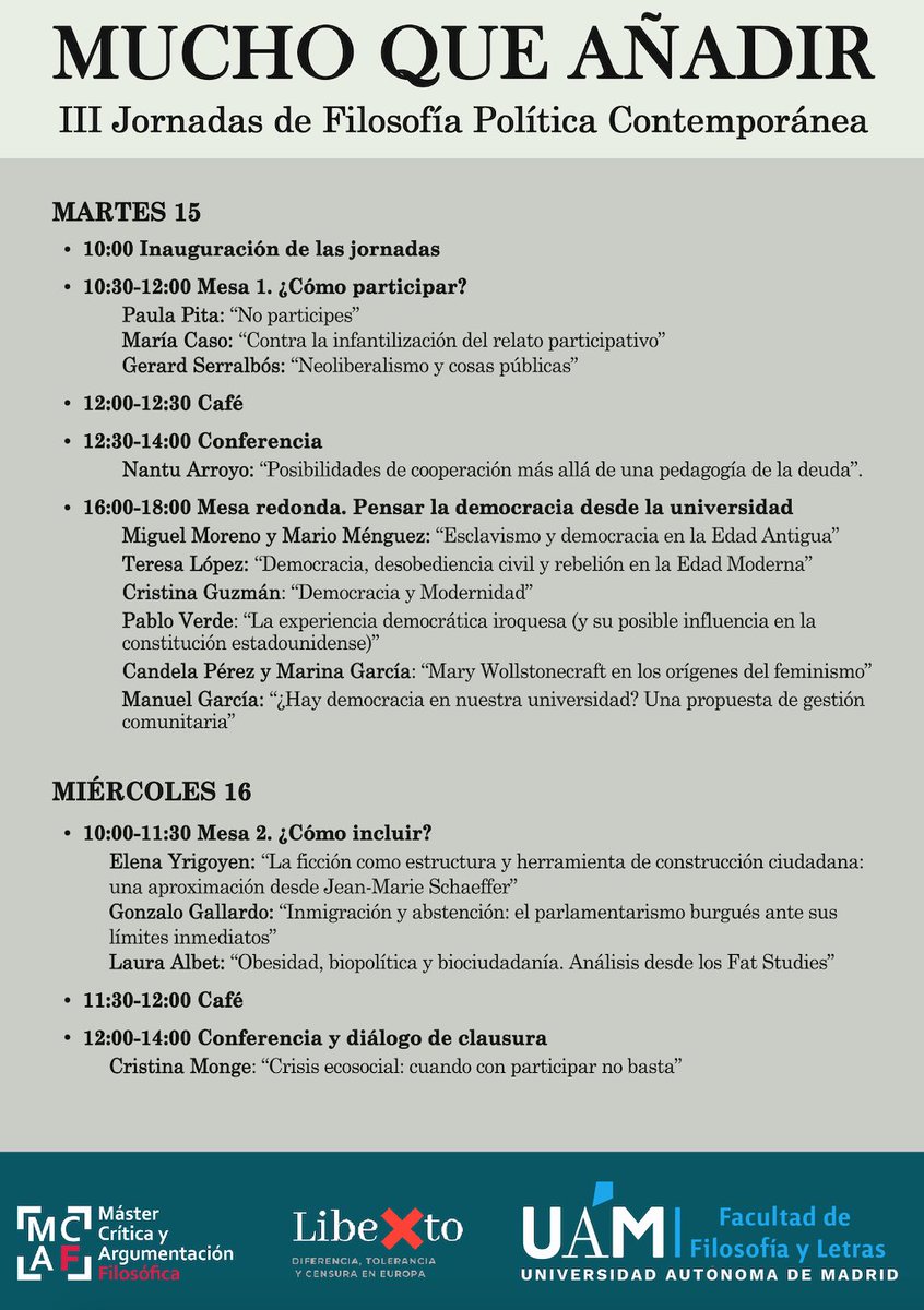 Un año más, nuestra profesora Carmen Madorrán y nuestro antiguo alumno Ramón del Buey organizan las III Jornadas de Filosofía Política Contemporánea. Entrada libre. Con la ayuda y participación de <a href="/libexto/">Libexto</a>