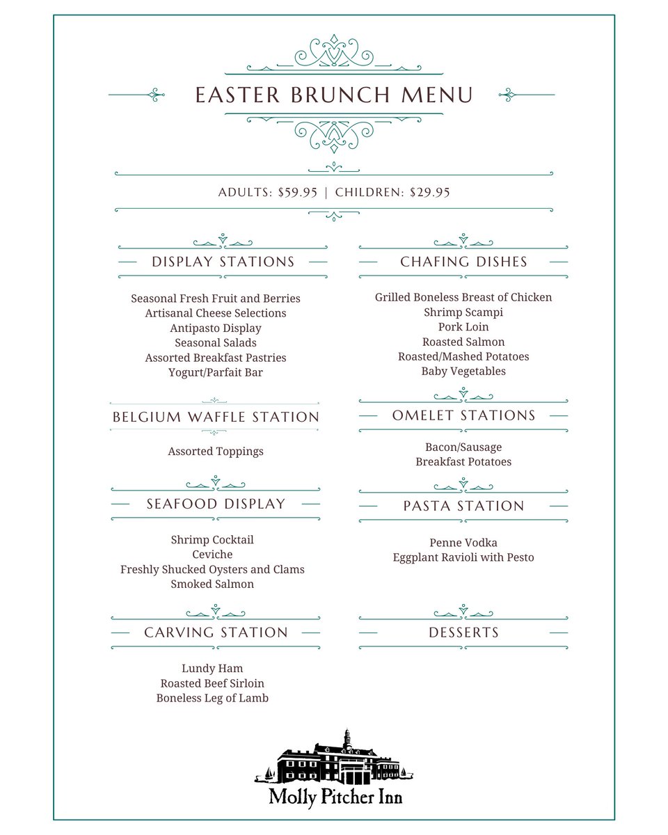 MollyPitcherInn's tweet photo. Join us for a Molly Pitcher Inn tradition as our Easter Brunch Buffet makes its return this year!

Reservations are required and can be made through OpenTable or by calling 732 747-2500 x505. https://t.co/598Omvwb5m