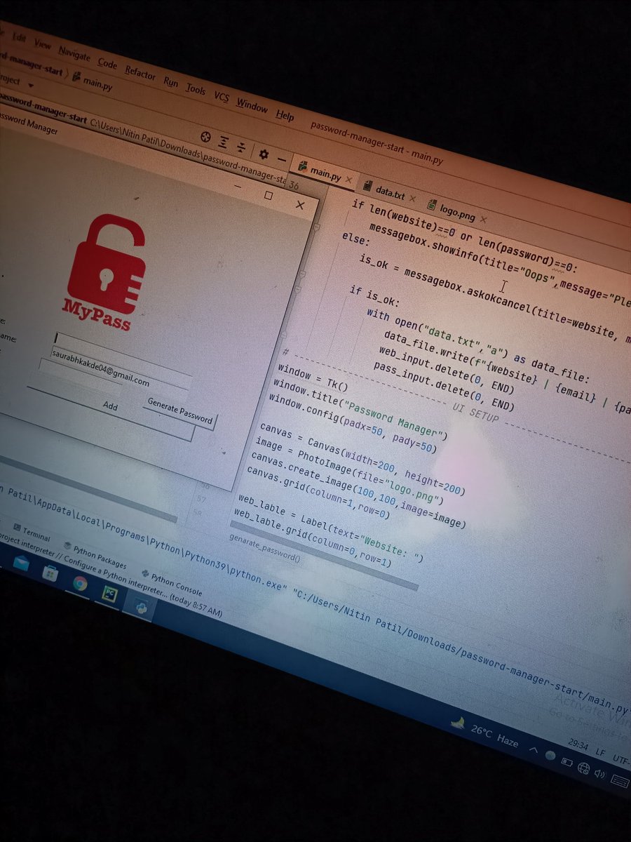 GreatBajirao's tweet photo. Today i built a password Manager GUI App with Tkinter.

#100DaysOfCode 
#Everydaycoding https://t.co/fEFo4QVT6q