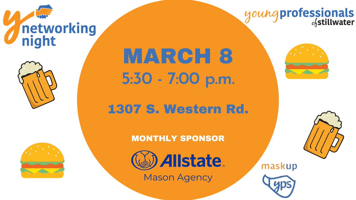 YPStillwater's tweet photo. It's a busy week for YPS &amp; we can't wait to see you! Grab a burger at Networking Night on Tues. at 5:30 p.m. or drink some coffee with Stan Clark on Thurs. at 8 a.m. RSVP at https://t.co/3q0H8IYRWT

Thanks to our sponsors Allstate: Mason Agency &amp; Coldwell Banker Team Stillwater! https://t.co/BMNfeELKvw