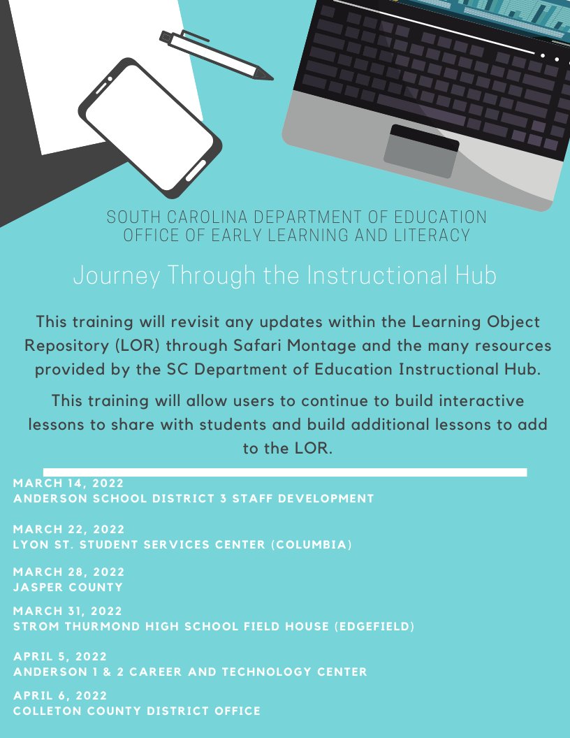 EarlyLearningSC's tweet photo. Are you looking for training on the Learning Object Repository (LOR)? Our team is offering trainings around the state.  Register for one around you at this link: https://t.co/Cww6XW1yrs https://t.co/1fdqQUY1AW