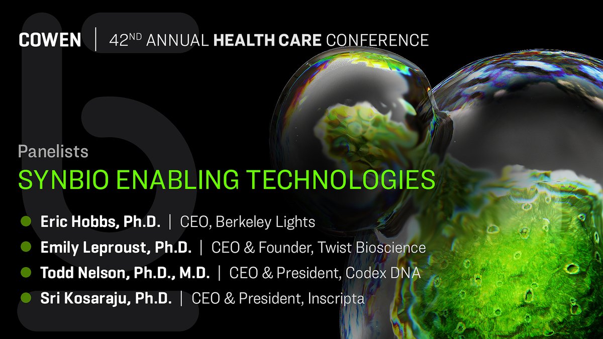 brukercellular's tweet photo. SYNBIO: Today our CEO @Eric_D_Hobbs took part in a discussion that highlighted #BerkeleyLights' continued development of #synbio next-gen #geneediting tools w/ a group of panelists @ Cowen Healthcare Conf - Emily Leproust - Twist, Todd Nelson - Codex DNA, Sri Kosaraju - Inscripta https://t.co/B1LxPMQPDP