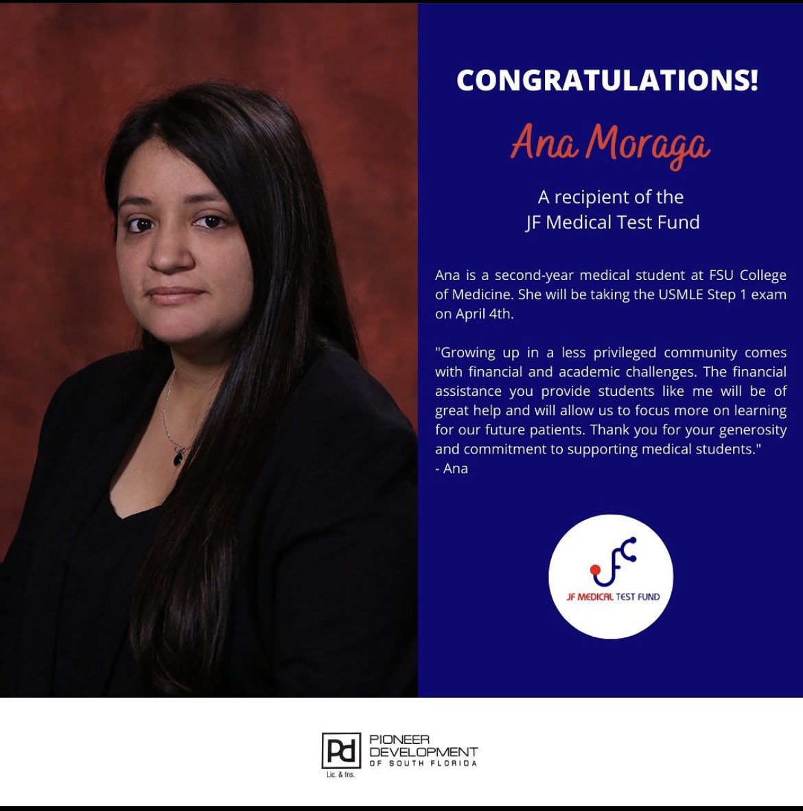 jfmedtestfund's tweet photo. Happy Monday! Starting the week off right 🔥 Congratulations to Ana Moraga, who we will be supporting this upcoming April! Wishing you nothing but success! @FSUCoM #USMLE #MedTwitter #boardexams2022 https://t.co/Jol8nw25PH
