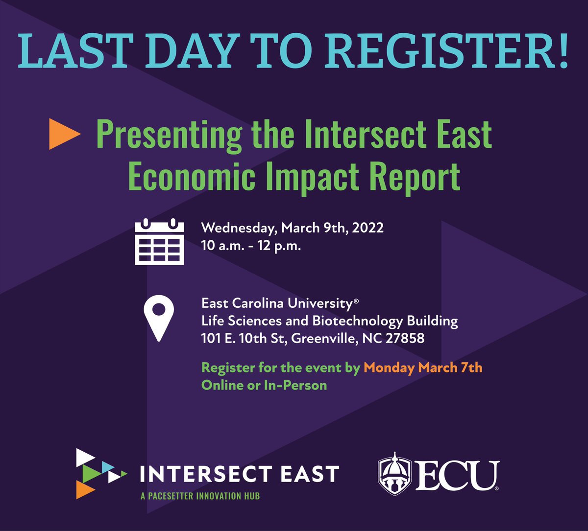 IntersectEast's tweet photo. Last day to register for the Intersect East Economic Impact Event on March 9th in Greenville, NC! We'd love to see you there or via live stream!

Register Here: https://t.co/rlo6Zj5Wvp

#IntersectEast #PacesetterInnovationHub #GreenvilleNC https://t.co/afSkWyNFRb