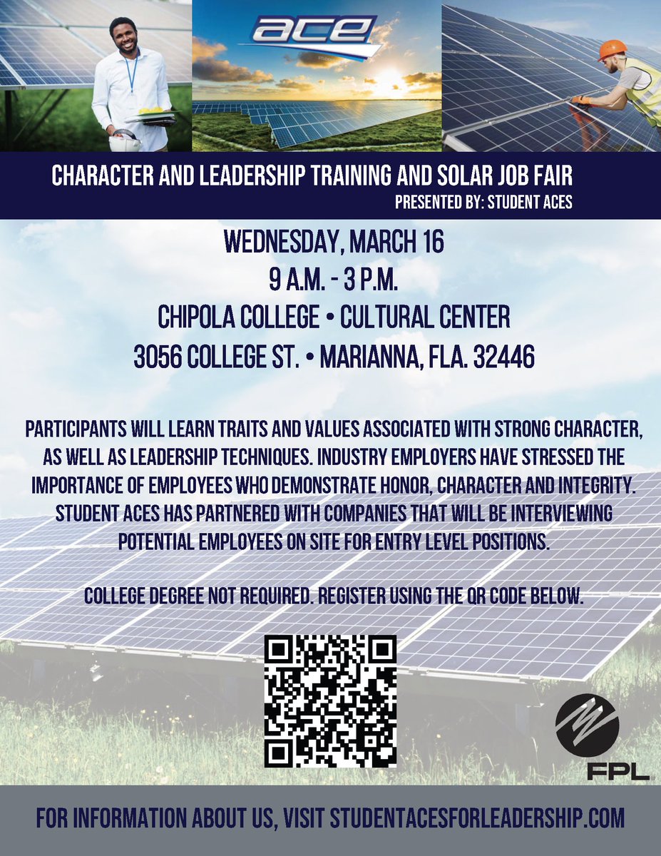 CSChipola's tweet photo. We're excited to share this unique opportunity from @PoweringFL, @StudentACES, and @ChipolaCollege , and hope many will participate!
Check out https://t.co/j9KizU2KCV for more info and register using the QR code below! ⬇️
#CSCWorks #ChipolaWorks #HiringEvent #SolarJobs https://t.co/PV9WeHxXCV