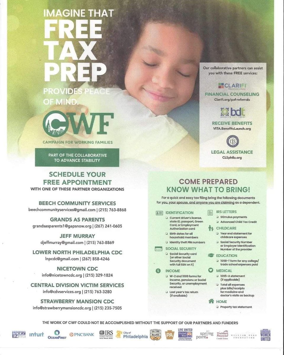 Looking 4 free tax prep/benefit services? Call <a href="/bcsphilly1/">Beech Community Services</a> <a href="/BCSphilly/">Beech Community Services</a> @ (215)763-8868 to schedule an appointment with one of our partners, 
<a href="/cwfphilly/">Campaign for Working Families, Inc.</a> <a href="/weclarifi/">Clarifi</a> <a href="/clsphila/">Community Legal Services of Philadelphia</a> <a href="/benedatatrust/">Benefits Data Trust</a> This collaboration is powered by <a href="/thepromisephl/">The Promise PHL</a>.

#phlcouncil
#ThePromisePhl
#unitedwayswpa