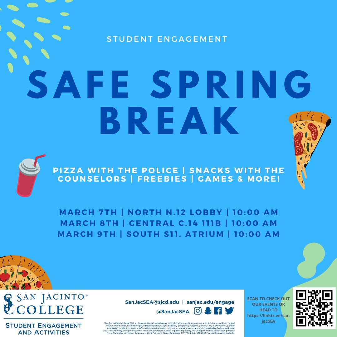 Join us this week at you campus Student Centers for free Pizza, snacks and fun games! We hope to see you there😎🍕

#sanjacsea #sanjacintocollege