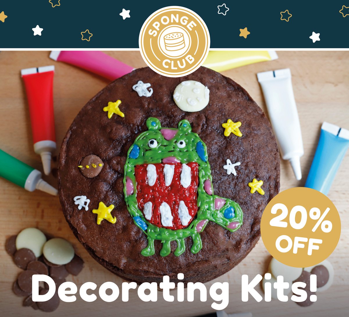 SpongeCakesLtd's tweet photo. This Month's Sponge Club Perk is 20% off our new Decorating Kits! 🎨 Get creative and choose from a Chocolate Brownie or Chocolate Cake which come with colourful icing pens and buttons to decorate as well as a leaflet with decorating inspo! https://t.co/dpshJpOLar #SpongeClub https://t.co/LBhePy3t37