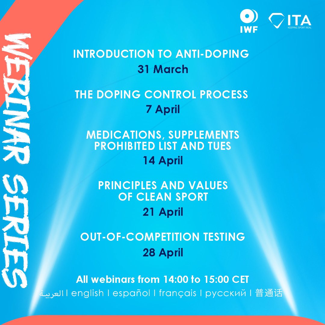 iwfnet's tweet photo. The weekly ITA Anti-Doping webinar series is back starting on 31 March 2022. We are really happy to be a part of this series again in 2022 and we truly hope to see many of you there. Come back next week to check out the details of the first webinar. #keepingsportreal #iliftclean https://t.co/RrIHFQt0CQ
