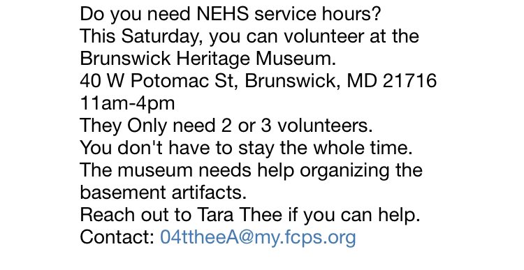 BrunswickNEHS's tweet photo. Volunteer opportunity this weekend for those in need of hours! ✍️✏️ https://t.co/f3osrQNGbG
