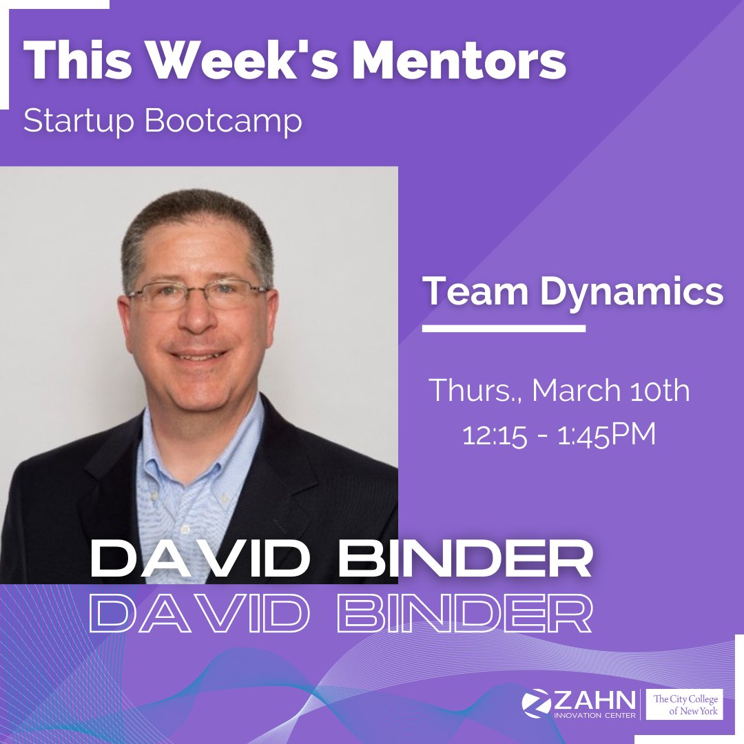 Happy Monday! It's the sixth week of bootcamp for our startups, and this week they will learn about team dynamics. Our Bootcamp facilitator will be David Binder of Pfizer.