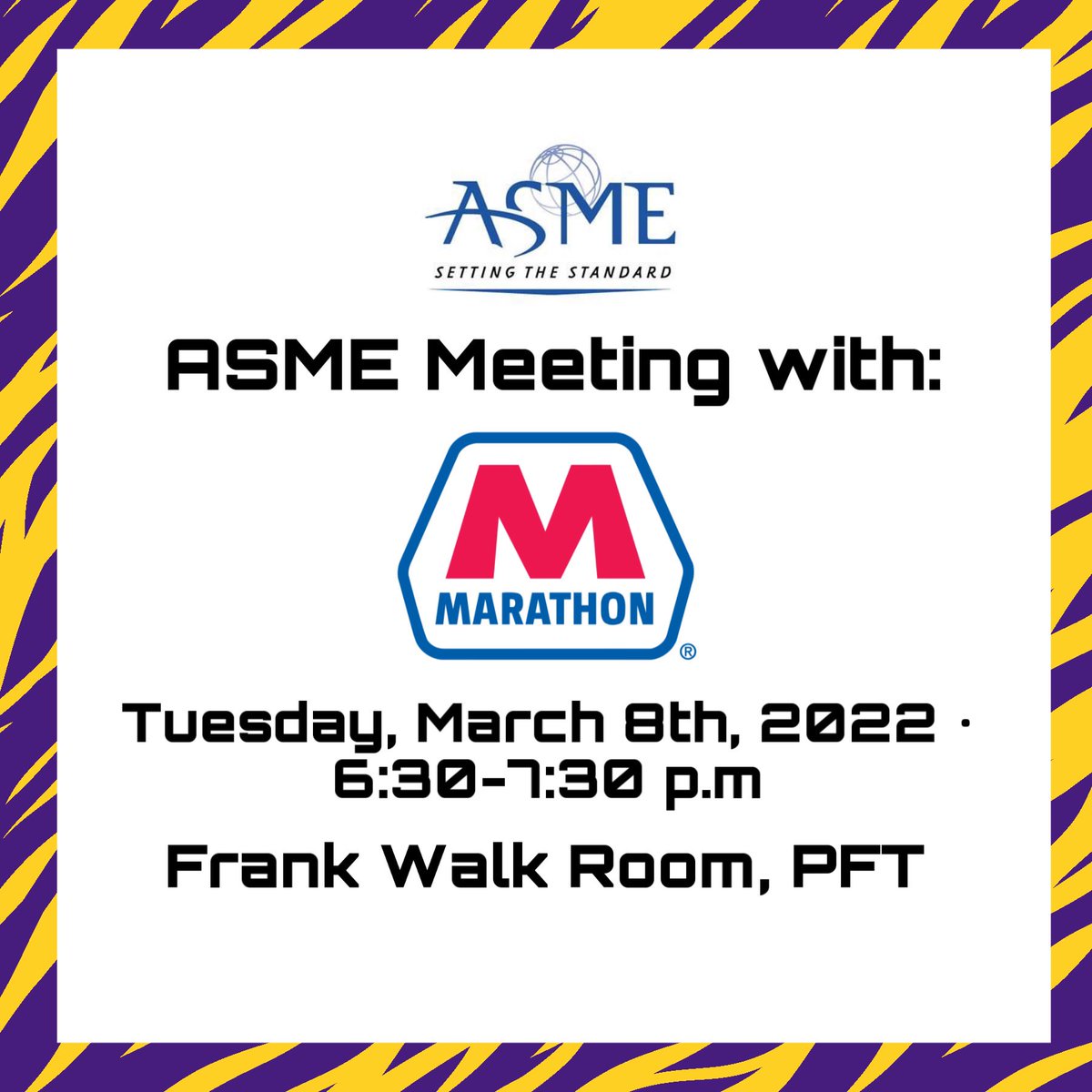 ASME meeting tomorrow from 6:30-7:30 p.m. in the Frank Walk Room with Marathon Oil. Food will be provided, join us!