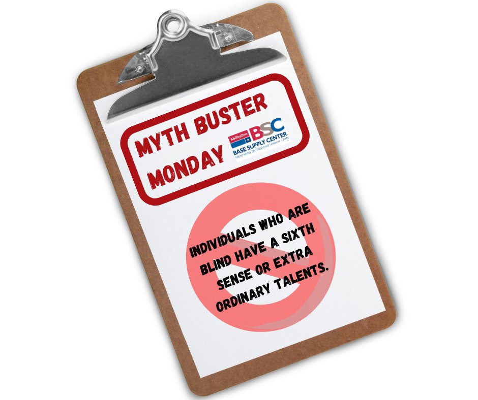 AbilityOneBSC's tweet photo. THIS IS A MYTH. A combination of hard work and the development of a good memory will permit people experiencing a vision loss to function very well. The "sixth sense" is a poetic phrase having no foundation or truth (Wisconsin DHS). 

#MythBusterMonday #VisualImpairment #Blind https://t.co/xqzeAuetKa