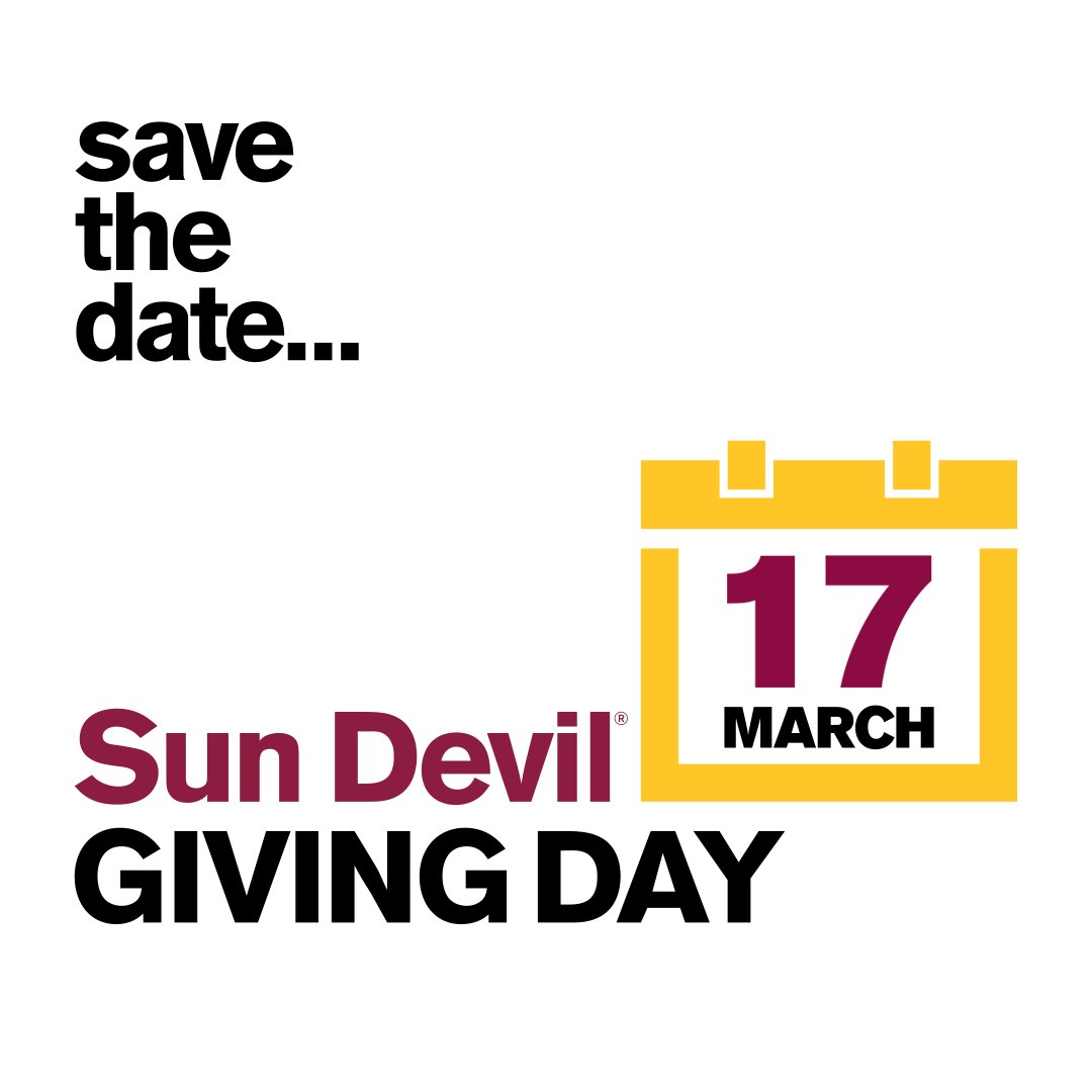 ASU's tweet photo. Mark your calendars and save the date for this year's #SunDevilGiving Day! 

This is a day for the @ASU community to come together and give in ways they care about — we hope you'll join us in this university-wide day of giving. 🎁 

https://t.co/PpOVnJwWPF https://t.co/393Ssuvffi