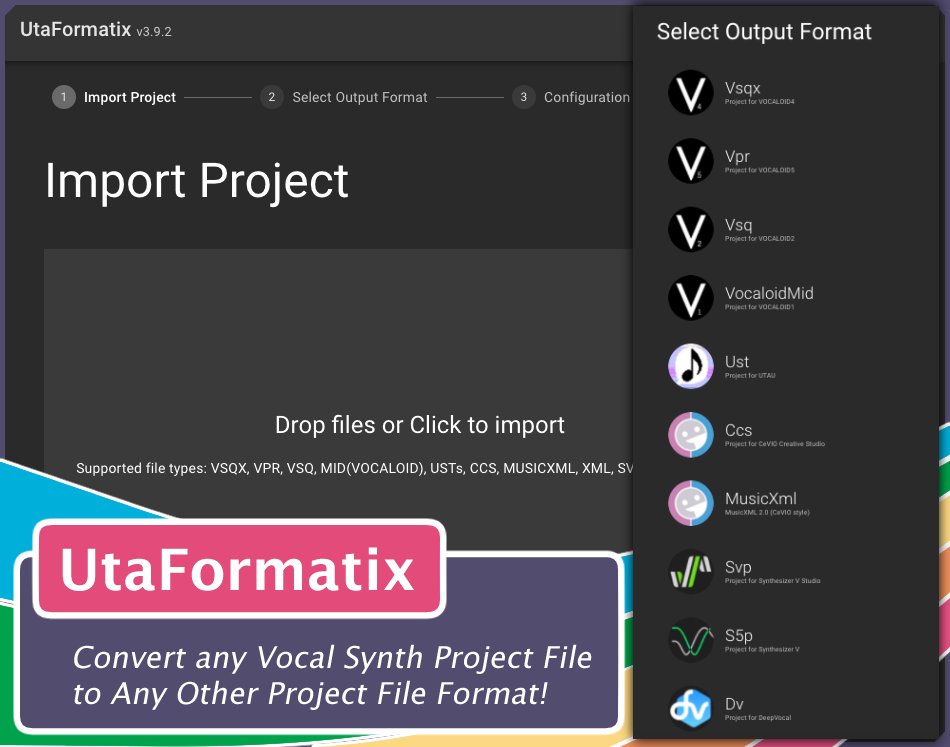 UtaFormatix is the single most useful VocalSynth tool today! Created by @/sder_colin, it lets the user convert many vocal synth project files to other vocal synth project file formats!

🌈Read the write-up with tips here:
vocalsynthp.tumblr.com/post/678024093…

🌈Try it: sdercolin.github.io/utaformatix3/