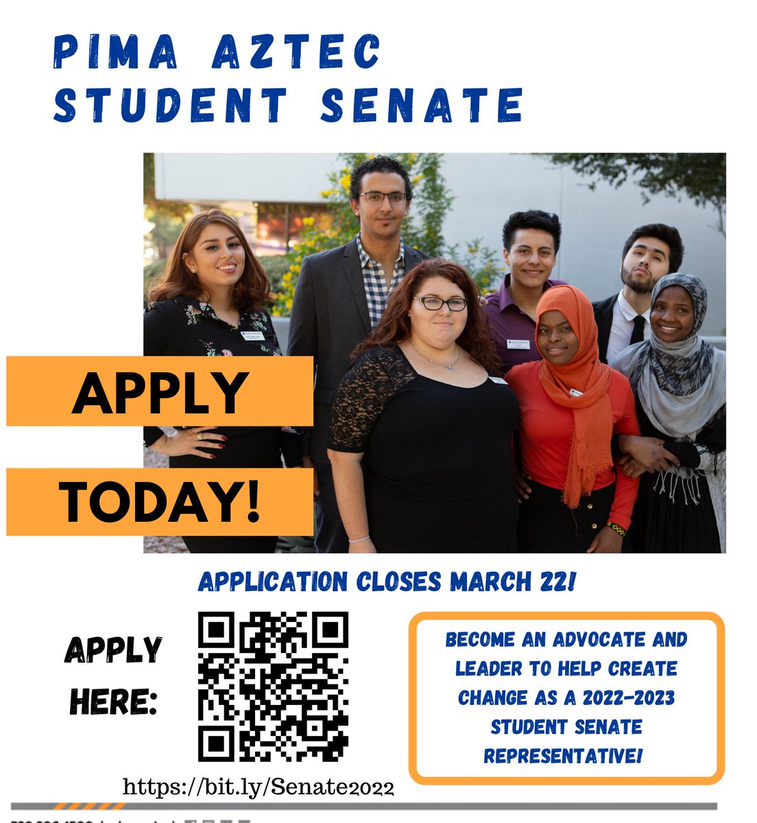 pimastudentlife's tweet photo. The Student Senate application is live on #PimaEngage! We have our second Q&amp;A for potential candidates on Fri. March 11 from 4:00-4:45. Join us to learn more about applying for #PimaAztecStudentSenate. https://t.co/OP0WLYnT1P