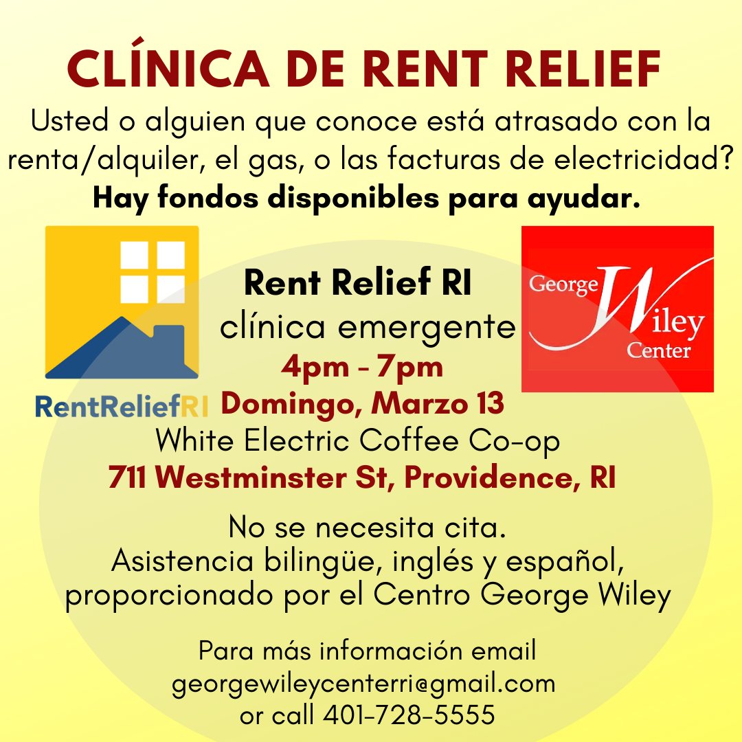 WECoffeeCoop's tweet photo. Are you or someone you know falling behind on rent and utility payments? We are holding a Rent Relief pop-up clinic with @GeorgeWileyCRI this Sunday, March 13th, at the shop from 4PM to 7PM. No appointment is needed and bilingual Spanish/English assistance will be provided. https://t.co/gBg3VqIfpd
