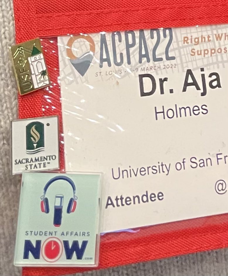 StuAffairsNOW's tweet photo. Thank you to @AjayHolmes, a two-time guest on the @StuAffairsNOW podcast for sporting the #sanow pin at #acpa22! Find host @heather_shea_ to get yours! https://t.co/xPu0FplmEK
