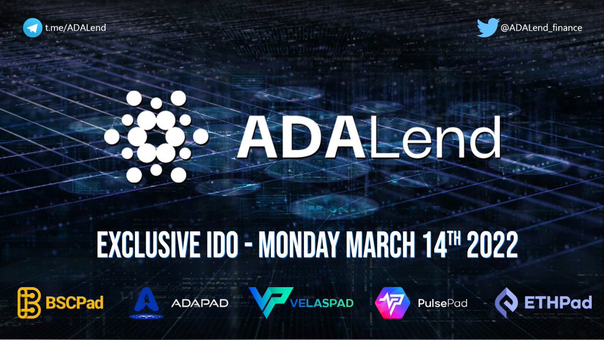 📣#ADALend launch date announcement

🚀Launching exclusively on:
🔹ADAPad
🔹BSCPad
🔹VelasPad
🔹PulsePad
🔹ETHPad

🗓 IDO Date: March 14th

💰Initial marketcap: $451k

👉Whitelist app.viralsweep.com/sweeps/full/2a…

#ADA #Cardano #IDO #BSC