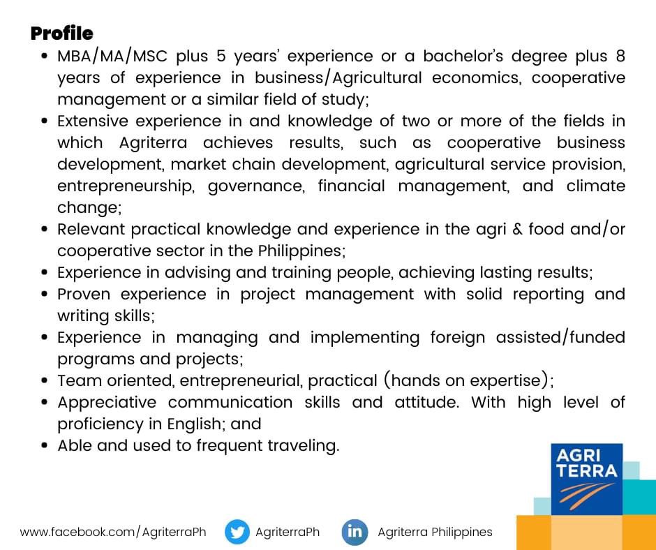 📣 AGRITERRA PHILIPPINES IS HIRING! 

We are looking for a BUSINESS ADVISOR to join our team.

This vacancy is for inspiring and creative professionals  with a passion for agricultural cooperatives focused on impact. 

Full TOR: 
we.tl/t-Y4E0bpTR6D