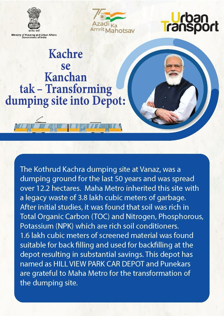 ut_MoHUA's tweet photo. Focusing on renovating the dumpsites, The Kothrud Kachra Dumpsite at Vanaz has been transformed into a metro depot named Hill View Park Car Depot by Maha Metro.
This 12.2 hectare plot has undergone a sea change in just short span of time. #PuneMetroRailProject https://t.co/6woY7Nlmb3