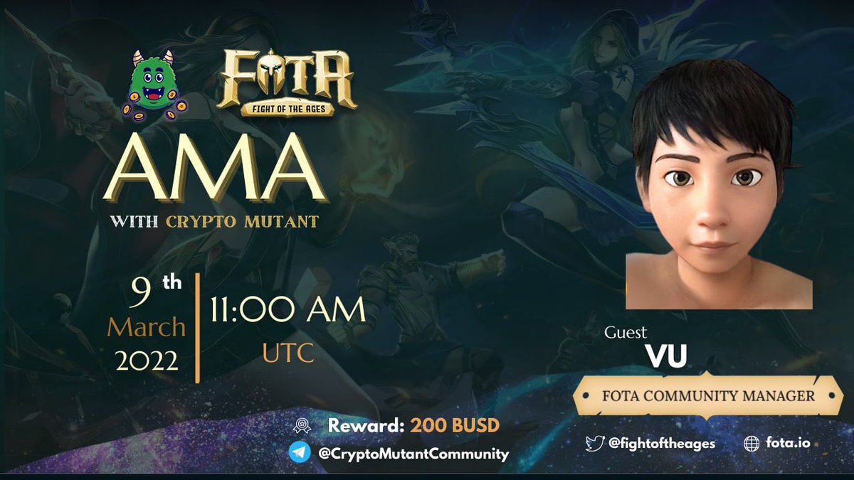 CryptoMutant's tweet photo. Next AMA!

https://t.co/Otqd6u216W 
9 March 2022 | 11 : 00 AM UTC

👉https://t.co/WqKkCNlMc2

💴 5 Best Questions will be selected

✅Follow : @fightoftheages
✅Join : @fota_groupchat
✅Like &amp; RT, tag 3 friends,ask questions bellow: 
(MAX 2 QUESTIONS)

#CryptoMutant #AMA #FOTA https://t.co/LY8MINliqX