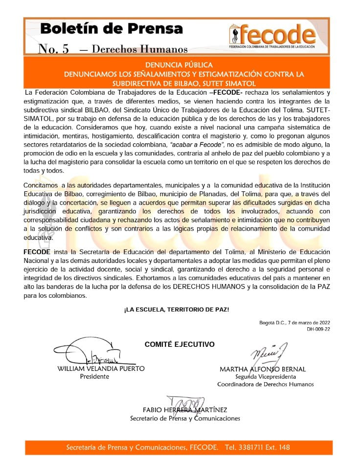 fecode's tweet photo. Denuncia pública
Rechazamos los señalamientos y estigmatización contra la subdirectiva de Bilbao @simatol

https://t.co/6GvTF3d7wJ

@Mineducacion @MinInterior @PGN_COL @CGTCol @gobertolima @PoliciaColombia @mindefensa https://t.co/nCHmrqYiZ9