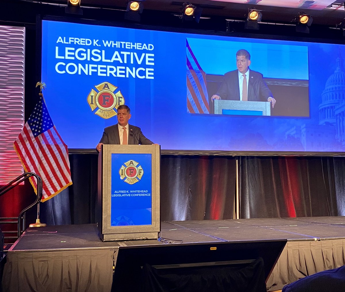 US Labor Secretary <a href="/SecMartyWalsh/">Secretary Marty Walsh</a> currently addressing those in attendance at @IAFFNewsDesk Legislative Conference.

American firefighters, and ALL American workers, are fortunate to have a card-carrying union member and friend to workers leading the <a href="/USDOL/">U.S. Department of Labor</a>!