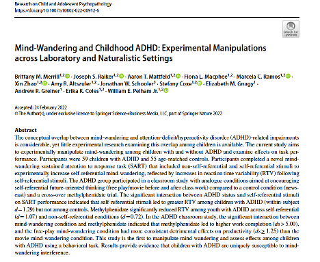 merrill_phd's tweet photo. So excited to share that my dissertation was just published in Research on Child and Adolescent Psychopathology! Along with many colleagues, we experimentally examined mind-wandering among children with and without ADHD. Follow the link to read: https://t.co/Y6EsZGvych https://t.co/tX89hX5cpI