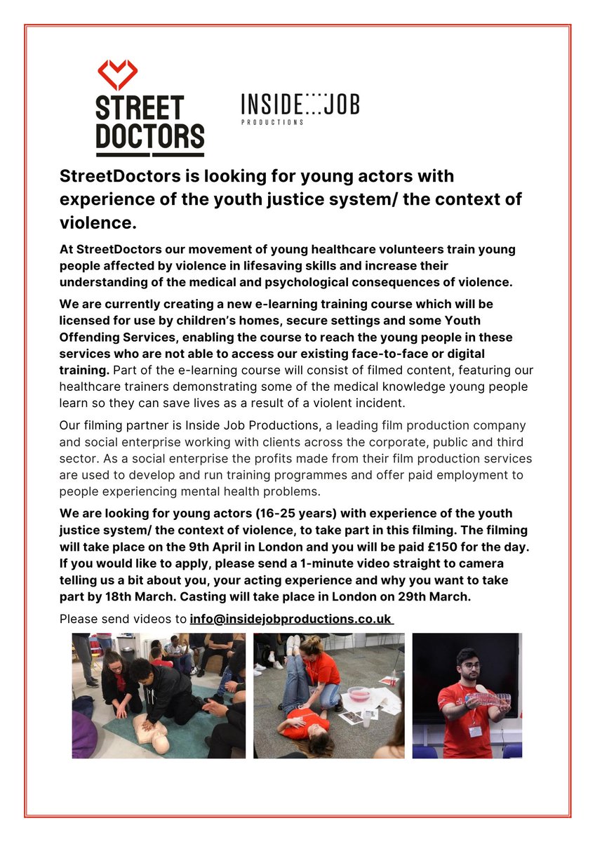 StreetDoctors's tweet photo. StreetDoctors is looking for young actors with experience of the youth justice system/ the context of violence to take part in filming for a new e-learning project for young people in the care system or CJS. It's paid! Apply by 18/03. Please share with young people you know 👇👇 https://t.co/XdBuBQYt6p