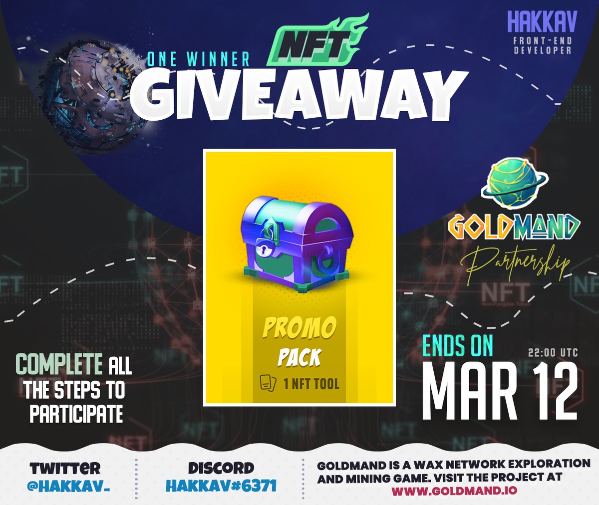 hakkav_'s tweet photo. NFT GIVEAWAY: GoldMand🎉
1️⃣ Follow @hakkav_ &amp; @goldmand_nft
2️⃣ Like and retweet this post.
3️⃣​ Leave a comment with your WAX wallet and tag 3 friends.
​4️⃣ Ends 12/03 22:00UTC🗓️

Participate now, good luck!🦁
#NFTCommunity #NFTGiveaway #WAXP #NFTProjects #NFTdrop #NFT #NFTGame https://t.co/JQbK83dKkY
