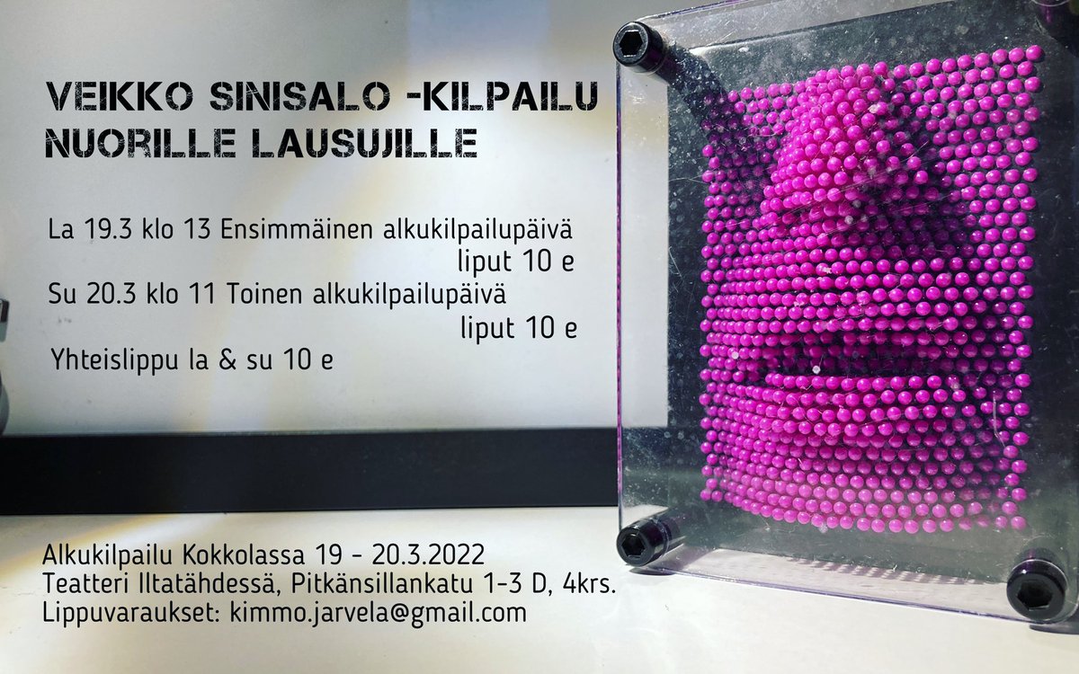 Veikko Sinisalo -kilpailun alkukilpailu järjestetään Kokkolassa 19-20.3.2022 Teatteri Iltatähdessä (Pitkänsillankatu 1-3 D, 4krs.).
Alkukilpailuun on ilmoittautunut 19 nuorta lausujaa. Kilpailun järjestelyistä vastaa Suomen Lausujain Liitto yhdessä Kokkolan He-Li-Kat ry:n kanssa.