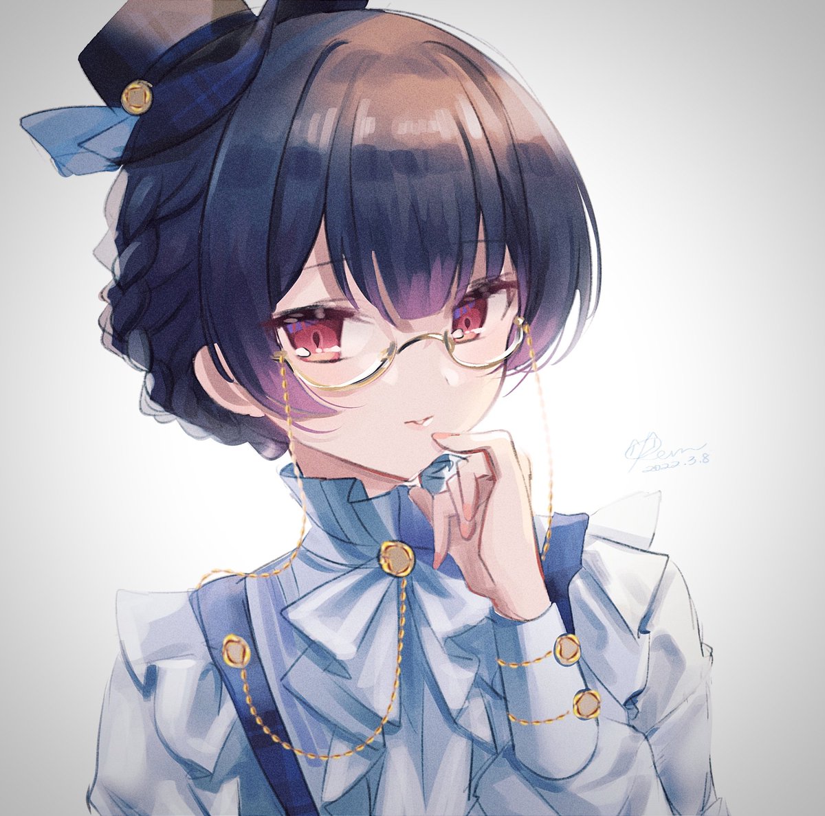 morino rinze 1girl solo red eyes hat glasses braid looking at viewer  illustration images