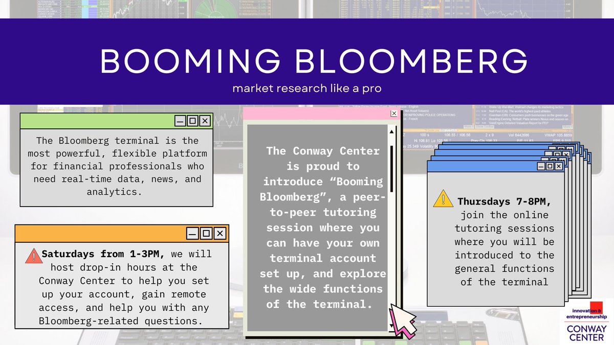 Interested in anything finance? Join us at the Conway Center to learn how to use our Bloomberg Terminal, the best platform for market research right now.