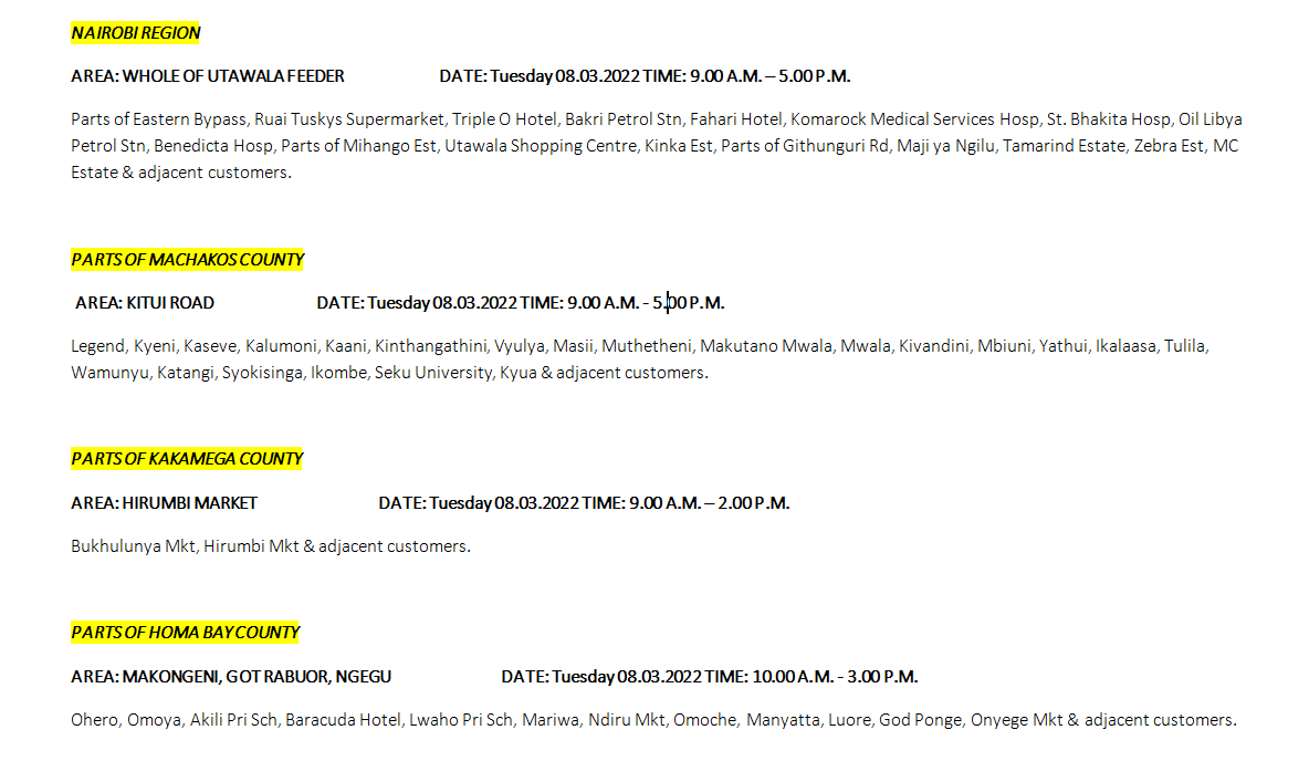 KenyaPower_Care's tweet photo. Good Evening, please find the areas scheduled for maintenance  tomorrow, the 8th of March 2022 ^CB https://t.co/Hx2HgZdcMh