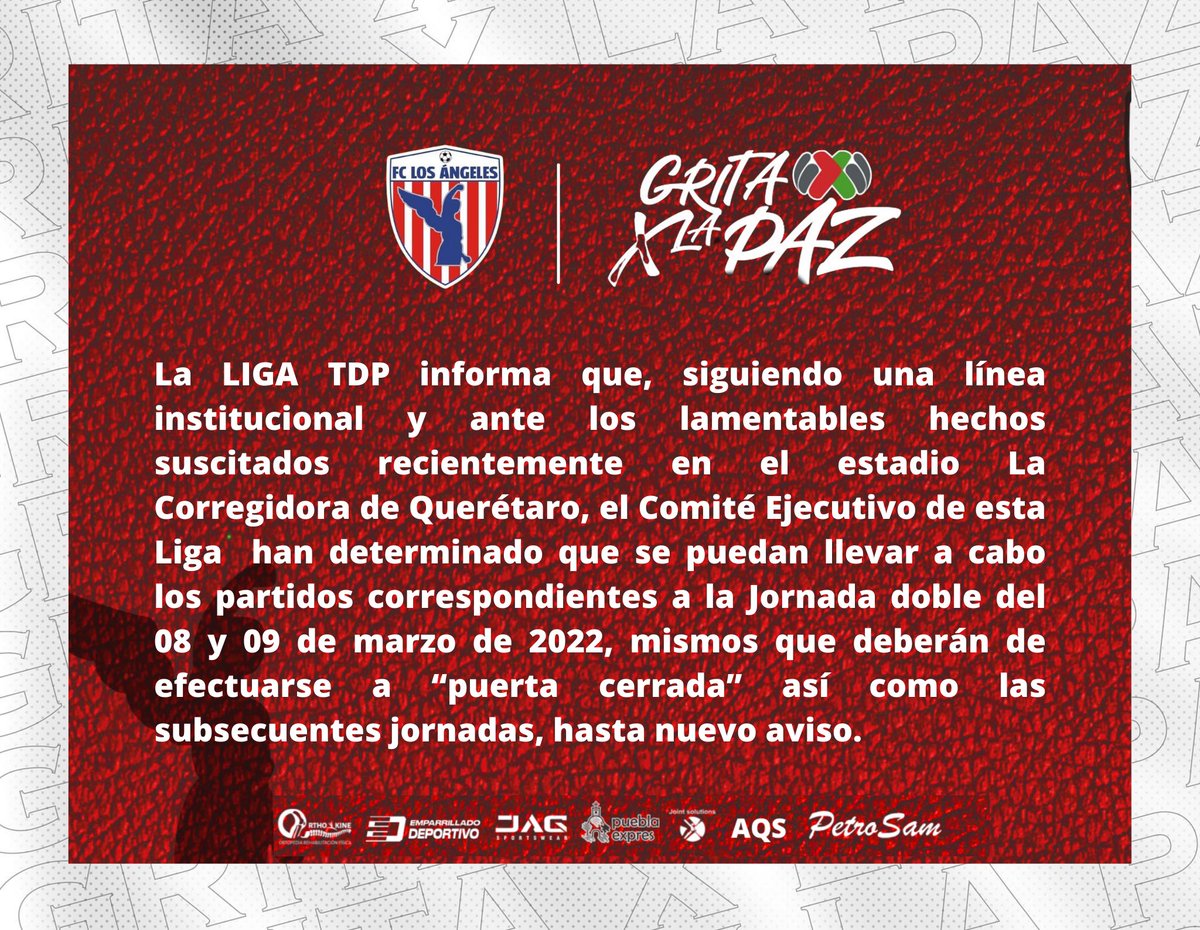 FCLosAngelesMx's tweet photo. Comunicado Oficial de la @LigaTDP | #FCLAS🔴⚪️  #GritaXLaPaz https://t.co/xck5fBHF3n