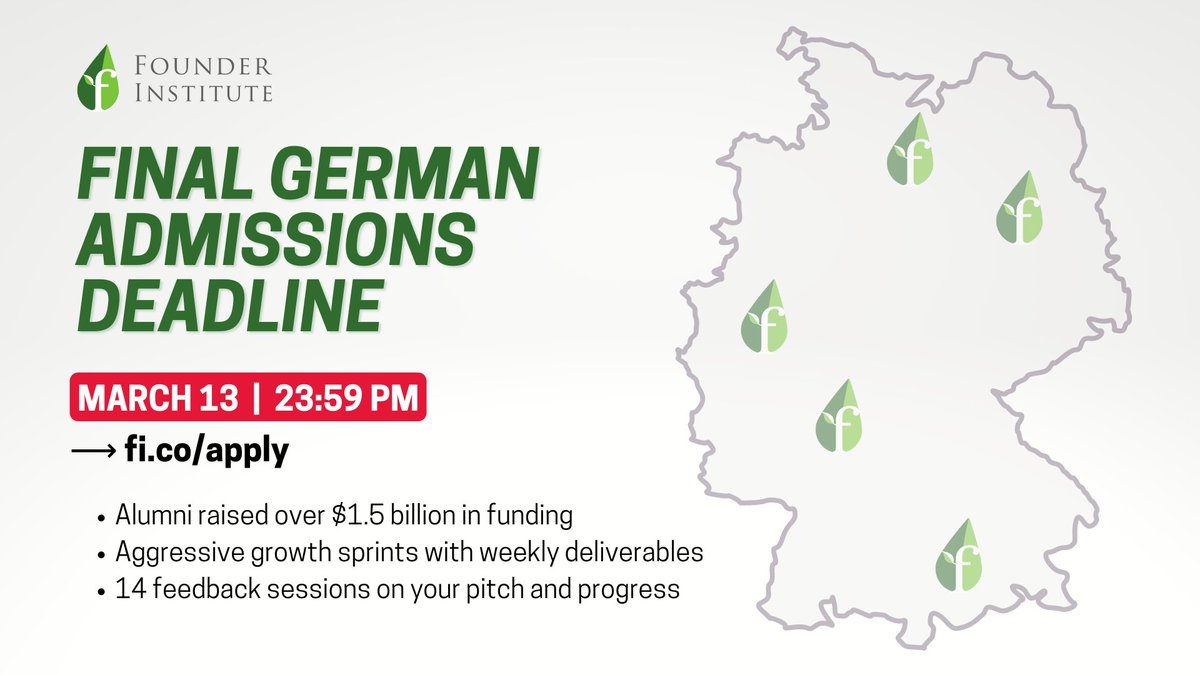 FIcologne's tweet photo. Final call for all #German early-stage founders! Apply for our 3.5 month structured program with aggressive growth sprints: https://t.co/ra73oiQLGk

Final application deadline: March 13
Program start: March 23

@founding https://t.co/A2mQbBagmX