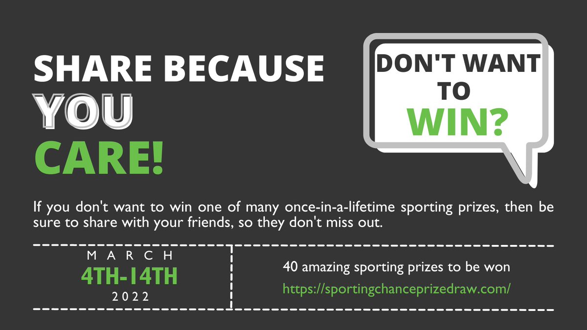 Even if you don't want to win one of the money-can't-buy sporting prizes up for grabs, be sure to share this with your friends, so they don't miss out on the opportunity. Click the share button below and send this to at least 10 sports-loving friends. sportingchanceprizedraw.com/enter-draw-don…