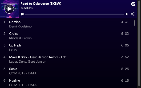 🚀Follow @MadLiibsMusic to the #CYBRVERSE at <a href="/SXSW/">SXSW</a> ! She will be your DJ guide from the physical to digital world. Check out the official <a href="/cyvatar/">Cyvatar.ai</a> CYBRVERSE playlist⬇️
hubs.ly/Q015tPzz0

RSVP TO THE CYBRVERSE TODAY➡️hubs.ly/Q015tVp30
#techstartup #sxsw