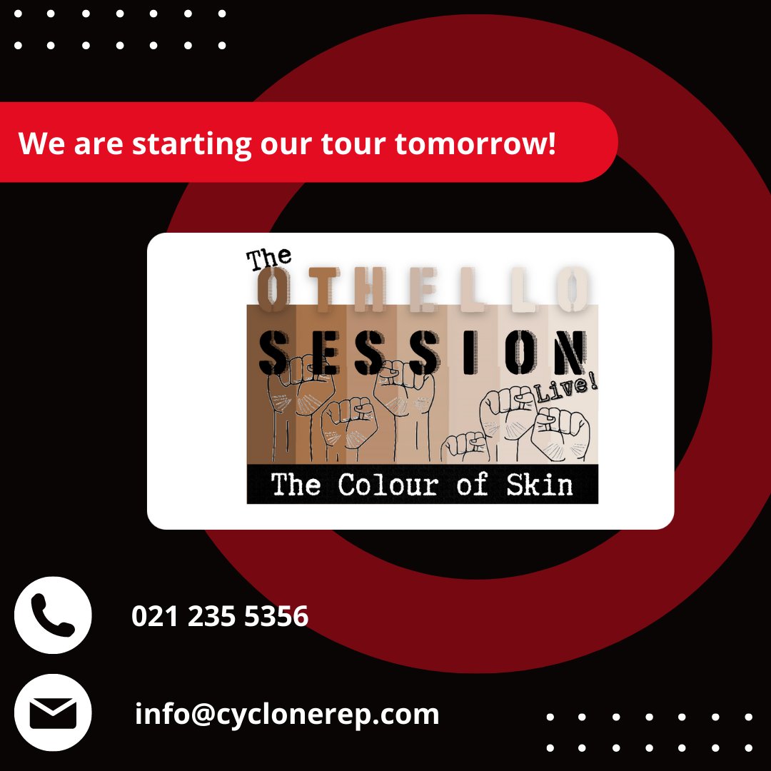 CycloneRep's tweet photo. We are very excited to start the tour of our Othello Session: The Colour of Skin - Live! tomorrow in the Helix, DCU. We still have some seats left for the tour, contact us on 021 235 5356 or info@cyclonerep.com to book #Othello #CycloneRep https://t.co/zM5babMisc