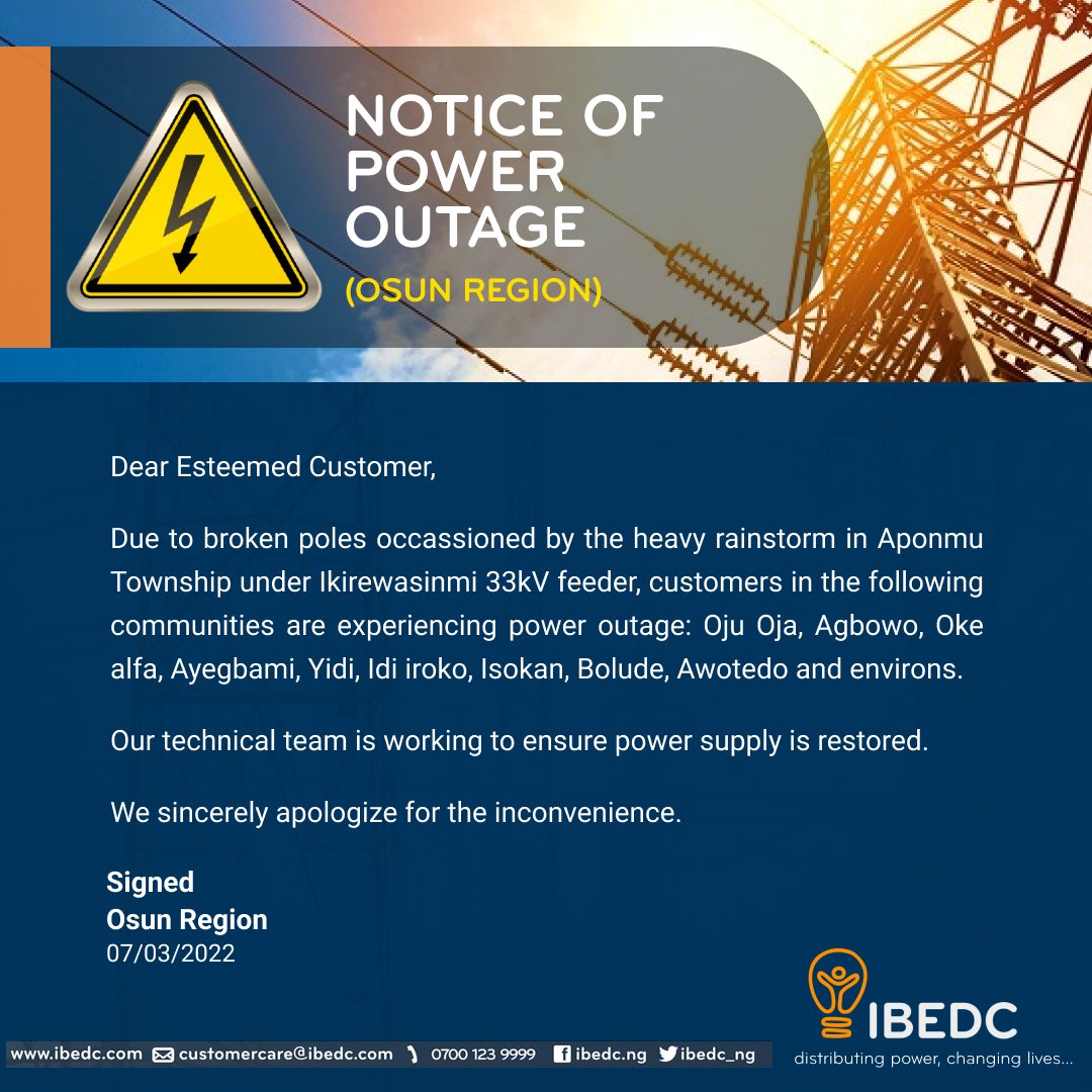 IBEDC_NG's tweet photo. Notice of Power Outage
#ibedc #poweroutagenotice #outage #osun #apomu #distributingpower #changinglives https://t.co/Nj6R1cdsGr