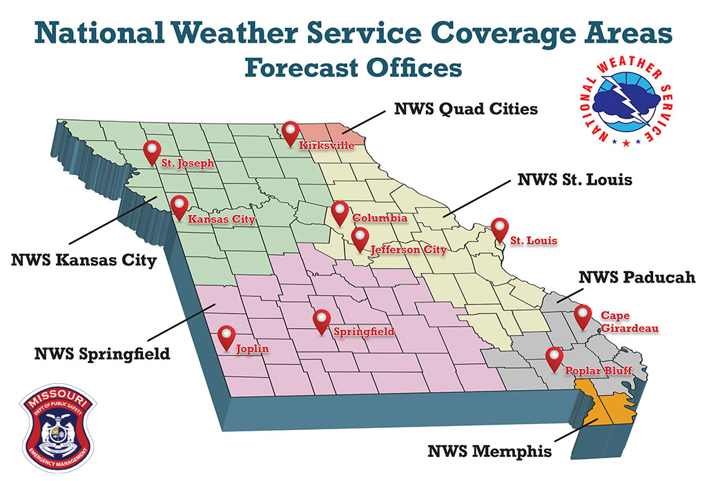 MoSEMA_'s tweet photo. Follow local forecasts anytime severe weather is anticipated for details &amp; timing of storms. Did you know Missouri has SIX @NWS offices that cover specific areas of the state?
📍 @NWSKansasCity 
📍 @NWSMemphis 
📍 @NWSPaducah 
📍 @NWSQuadCities 
📍 @NWSSpringfield 
📍 @NWSStLouis https://t.co/pTaia4Npi0