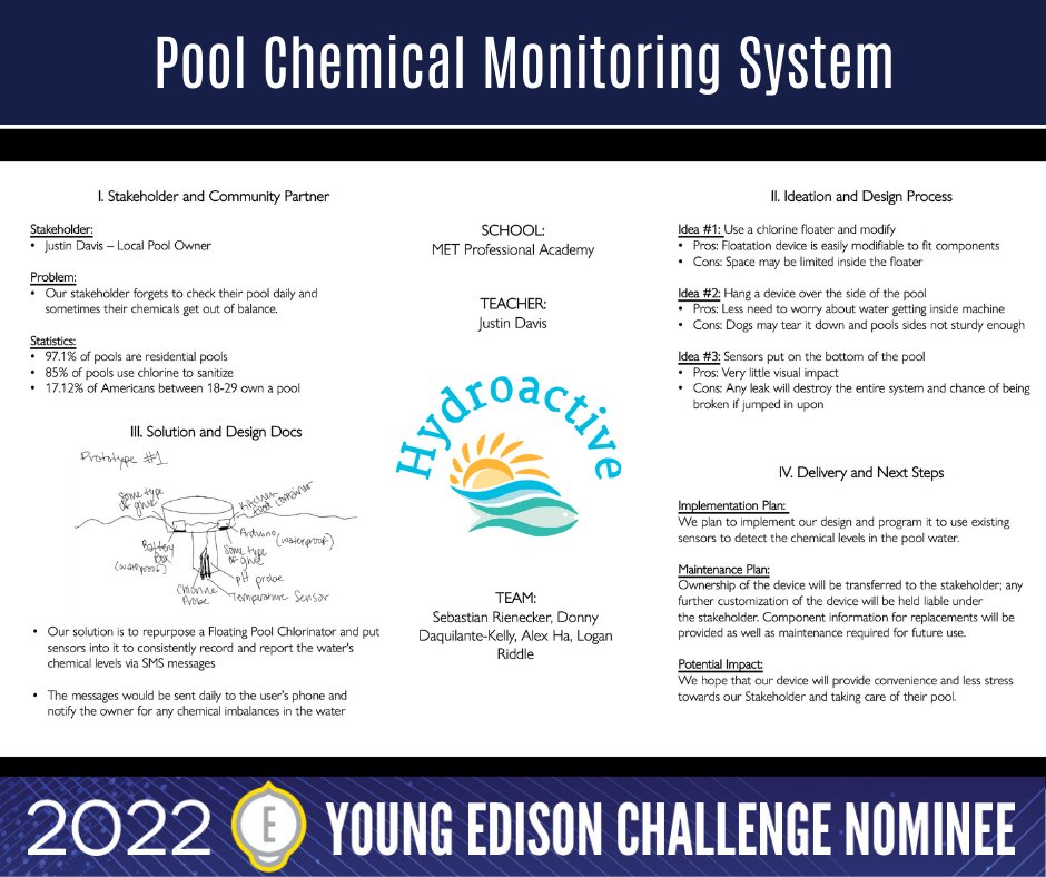 EdisonAwards's tweet photo. The Pool Chemical Monitoring System, created by Alex H., is an innovation submitted to the #YoungEdisonChallenge. This autonomous system measures PH, temperature, and chlorine levels through a solar charging lithium-ion battery floating system. #TeenTechWeek @charlottecforg https://t.co/GVrr7dMBxf